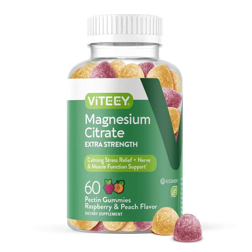 Viteey Magnesium Gummies for Adults - 170mg of Magnesium Citrate Gummy | for Calm, Sleep, Nerve & Muscle Function Support - Vegan, Gluten Free - 60 Count