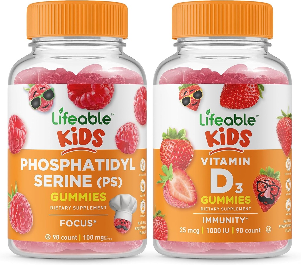 Lifeable Phosphatidylserine (PS) Kids + Vitamin D Kids, Gummies Bundle - Great Tasting, Vitamin Supplement, Gluten Free, GMO Free, Chewable Gummy