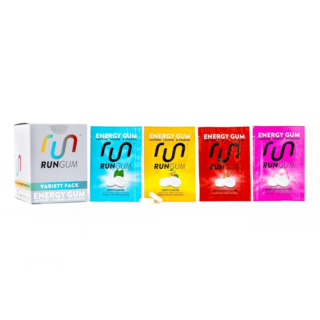 RUN GUM Variety PackEnergy Chewing Gum 50mg Caffeine Taurine & B-Vitamins Per Piece, 24 Pieces (Pack of 12) Sugar Free, Zero Calorie, No Aspartame, and Gluten Free