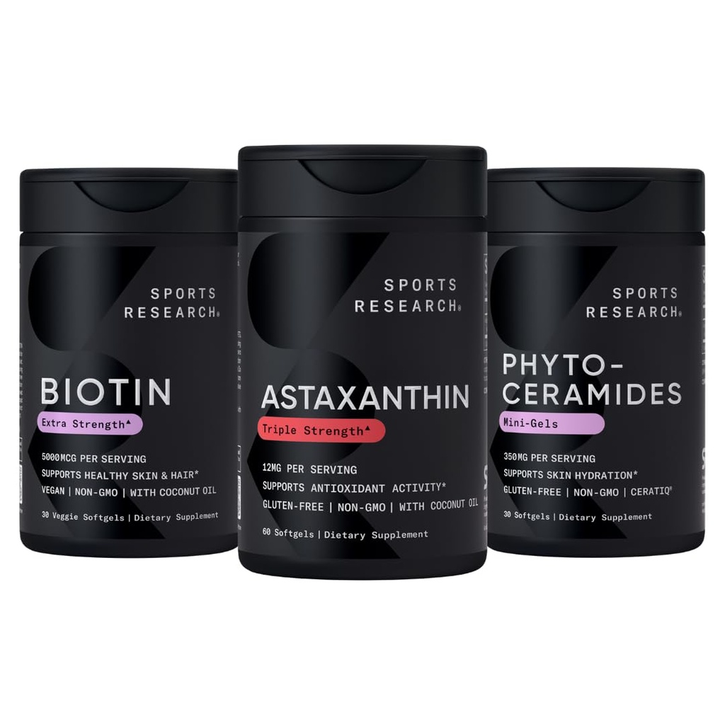 Sports Research® Healthy Skin and Hair Support - Vegan Biotin 10,000mcg with Coconut Oil, Triple Strength Astaxanthin 12mg, and Phytoceramides 350mg per Softgel · Non-GMO · Vegan · Gluten-Free