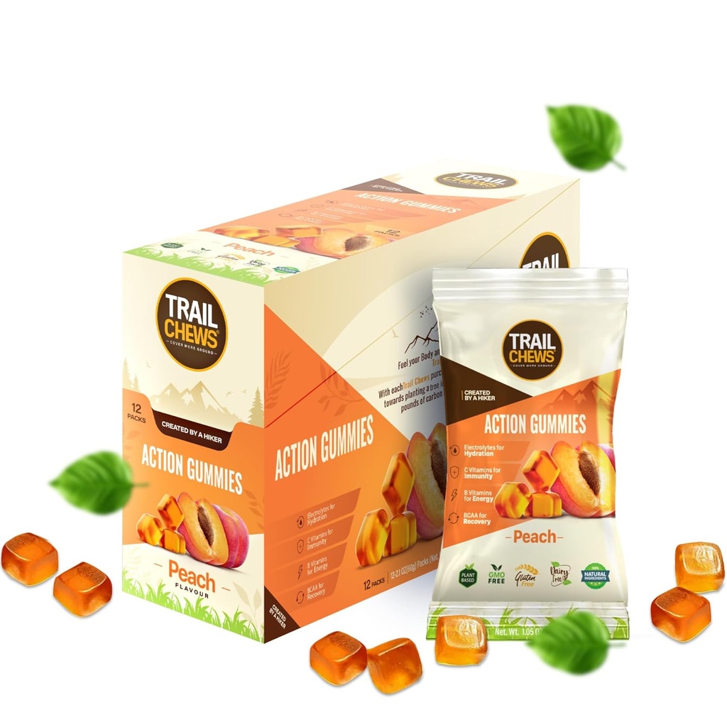 – Peach Flavor – 4-in-1 Energy Gummies for Energy, Hydration, Immunity, Recovery. Boosts Endurance and Performance. Plant-Based & Gluten-Free. 12 Bags, 10 Gummies Each.