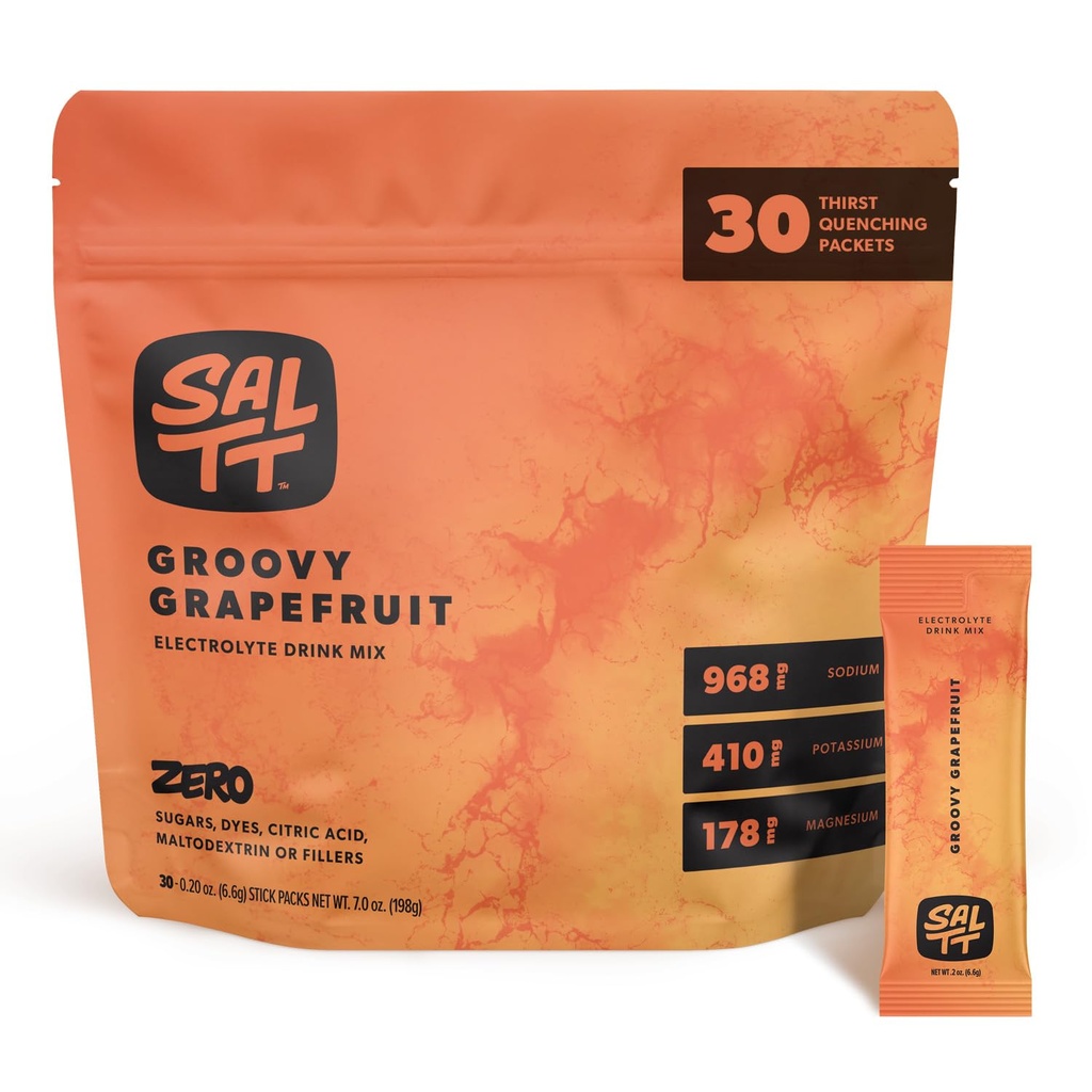 SALTT Electrolytes Powder Flavored Drink Mix - Groovy Grapefruit - 30 Hydration Packets - Magnesium, Potassium, Sodium, Trace Minerals - Zero Sugar & Gluten Free - Travel Essentials