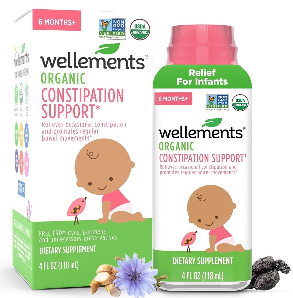 Wellements Organic Constipation Support | Safe and Gentle Organic Constipation Relief for Infants, Babies and Toddlers | No Harsh Laxatives | USDA Certified Organic | 4 Fl Oz. 6 Months +