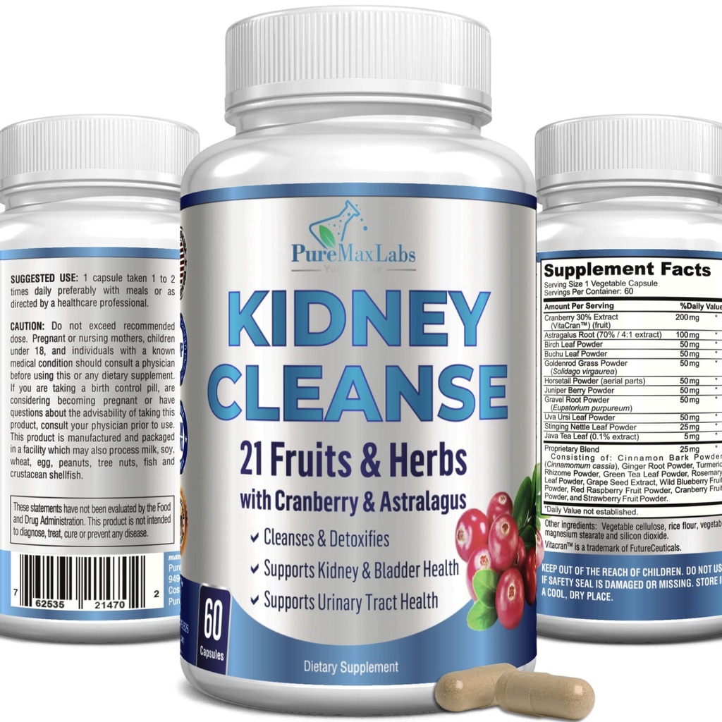 YUMMYVITE Herbal Kidney Cleanse with Cranberry Extract, Astralagus - 21 Fruits & Herbs - Detox & Cleanse Urinary Tract & Bladder Health, Kidney Support, 60 Vegan Capsules