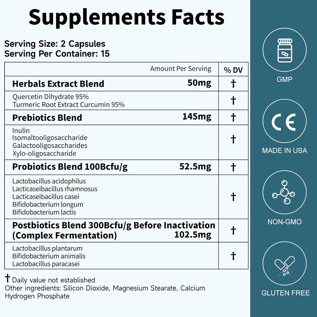 Probiotics Women Men Gut Health: Digestive Health Immune Support Bloating Relief Shelf Stable Strains 35B CFUs per Capsule Complex with Prebiotics Postbiotics Quercetin & Curcumin Dietary Supplement