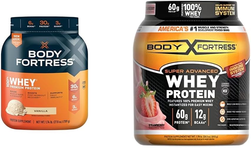 Body Fortress 100% Whey, Premium Protein Powder, Vanilla, 1.74lbs (Packaging May Vary) & 100% Whey, Premium Protein Powder, Strawberry, 1.78lbs (Packaging May Vary)