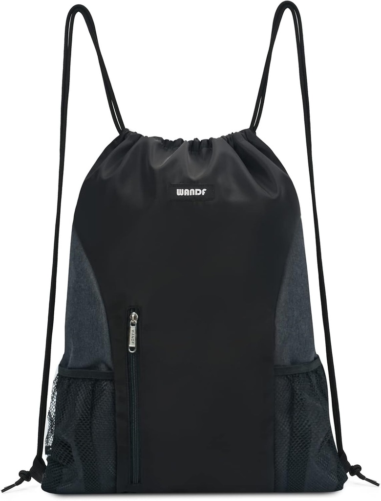 WANDF Drawstring Backpack Sports Gym Sackpack with Mesh Pockets Water Resistant String Bag for Women Men(Black)