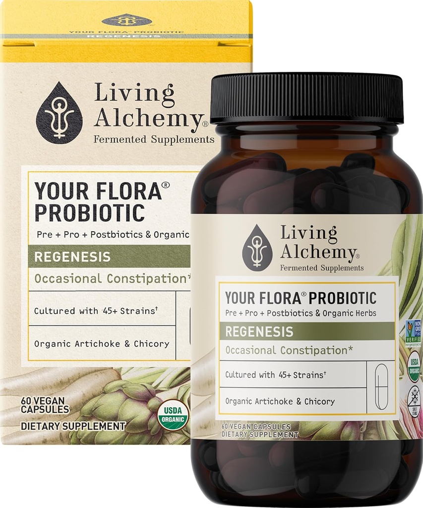 Your Flora Probiotic Regenesis – Non-GMO Probiotics with Fermented Soybean, Artichoke, & Chicory for Gut Wellness & Bowel Support – Prebiotics, Postbiotics, Digestive Enzymes – Living Alchemy, 60 Pcs