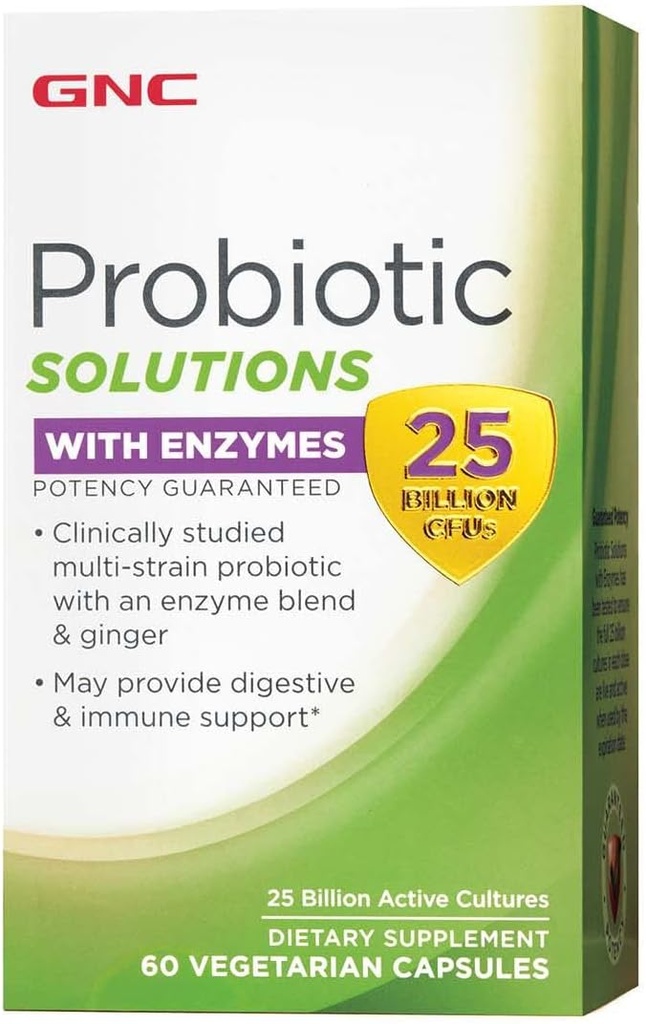 GNC Probiotic Solutions with Enzymes, Provides Digestive and Immune Support, 25 Billion CFUs, 60 Vegetarian Capsules, 60 Servings