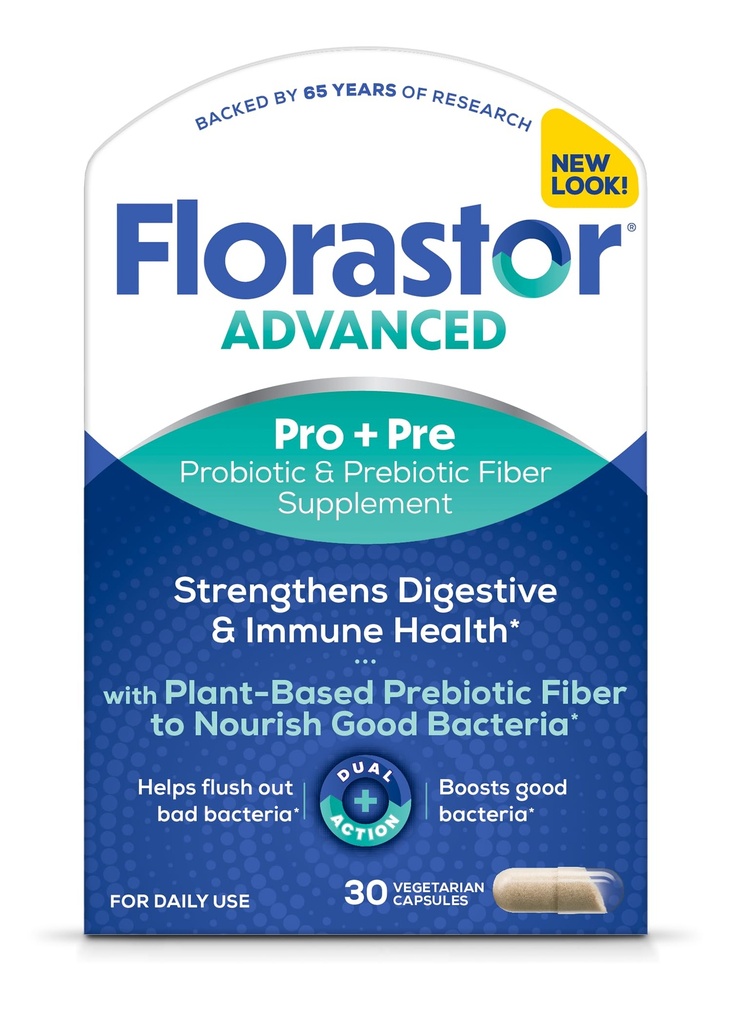 Florastor Advanced Pro+Pre Daily Probiotic and Prebiotic Supplement for Women and Men, Boosts Good Bacteria, Saccharomyces Boulardii CNCM I-745 (30 Capsules) (Pack of 1)