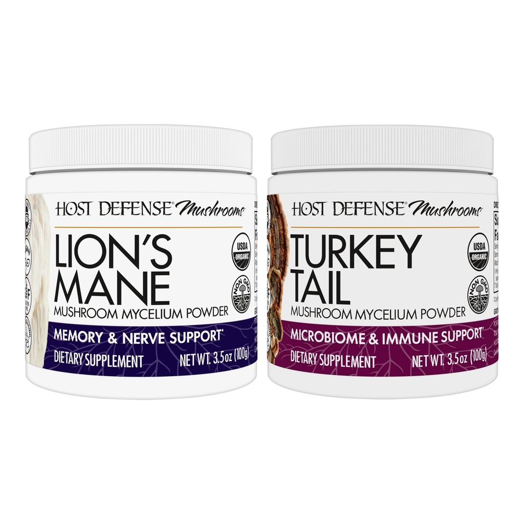 Host Defense Bundle with Lion's Mane Powder, 3.5 oz & Turkey Tail Mushroom Powder, 3.5 oz - Support Brain Health, Memory & Focus - Support Digestive & Immune Health*