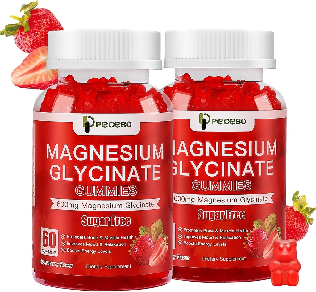 Magnesium Glycinate Gummies 600mg, Sugar Free Magnesium Gummies for Adults, Strawberry Magnesium Supplement for Stress & Muscle Relief & Nerve Health, Non-GMO, Gluten Free, Vegan, 120 Count