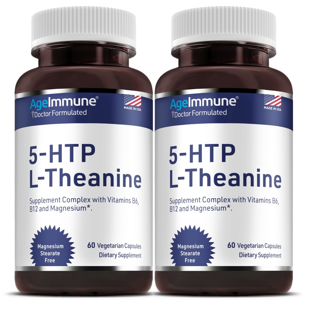 5-HTP 100mg with L-Theanine 400 mg Formula for Stress Relief and Relaxation Support for Teens and Adults with Vitamins B6 - B12 and Magnesium Bisglycinate - Doctor Formulated – without stearates.