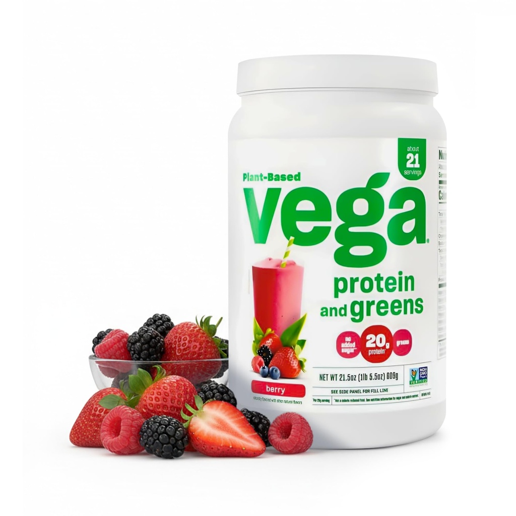 Vega Premium Protein + Supergreens, Berry – 20g Vegan Protein, Dairy & Gluten Free, 20.8 oz (21 Servings)