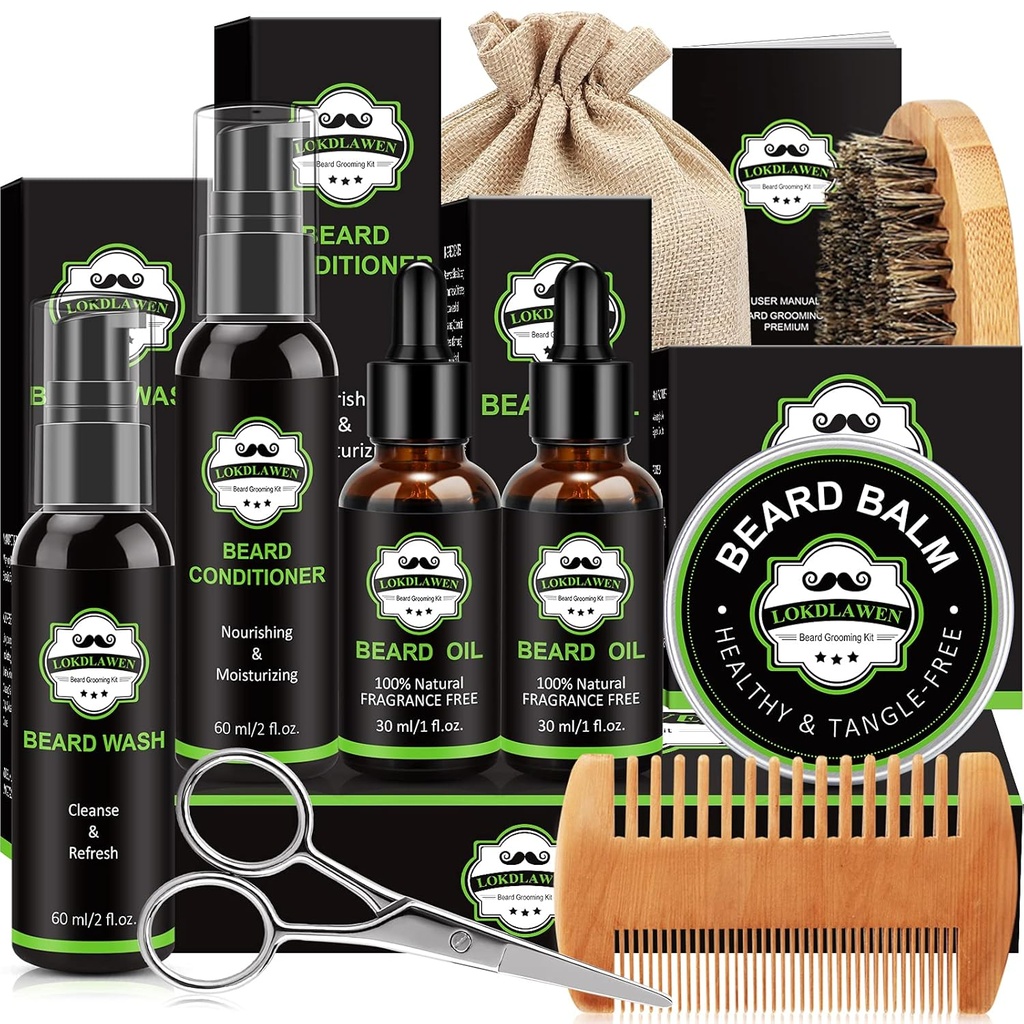 Beard Kit for Men with Beard Wash, Beard Conditioner, Beard Oil, Beard Balm, Brush, Comb, Scissors, Storage Bag, Gifts for Men Dad Husband Boyfriend