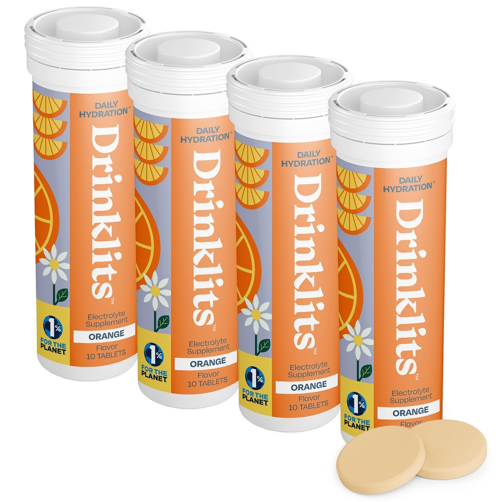 Drinklits Orange Daily Electrolyte Hydration Tablets (4) Tube Bundle | 0g Sugar – Natural Sports Drink – Great Taste | 4 Pack (40 Servings)