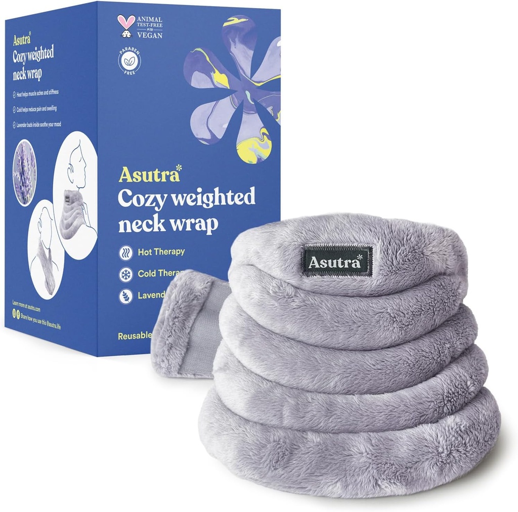 ASUTRA Weighted Neck Wrap, Plush Gray - Hands-Free Microwaveable Heating Pad for Neck and Shoulders, Hot and Cold Compress, Lavender Aromatherapy