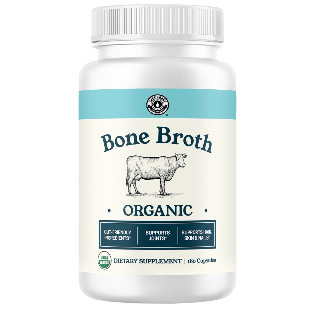 Grass-Fed Bone Broth Capsules with Collagen from Organic Bone Broth Powder. Collagen Supplement for Nails, Hair, Joints and Digestive Health* Support. Gut Friendly-Ingredients, 180 Capsules