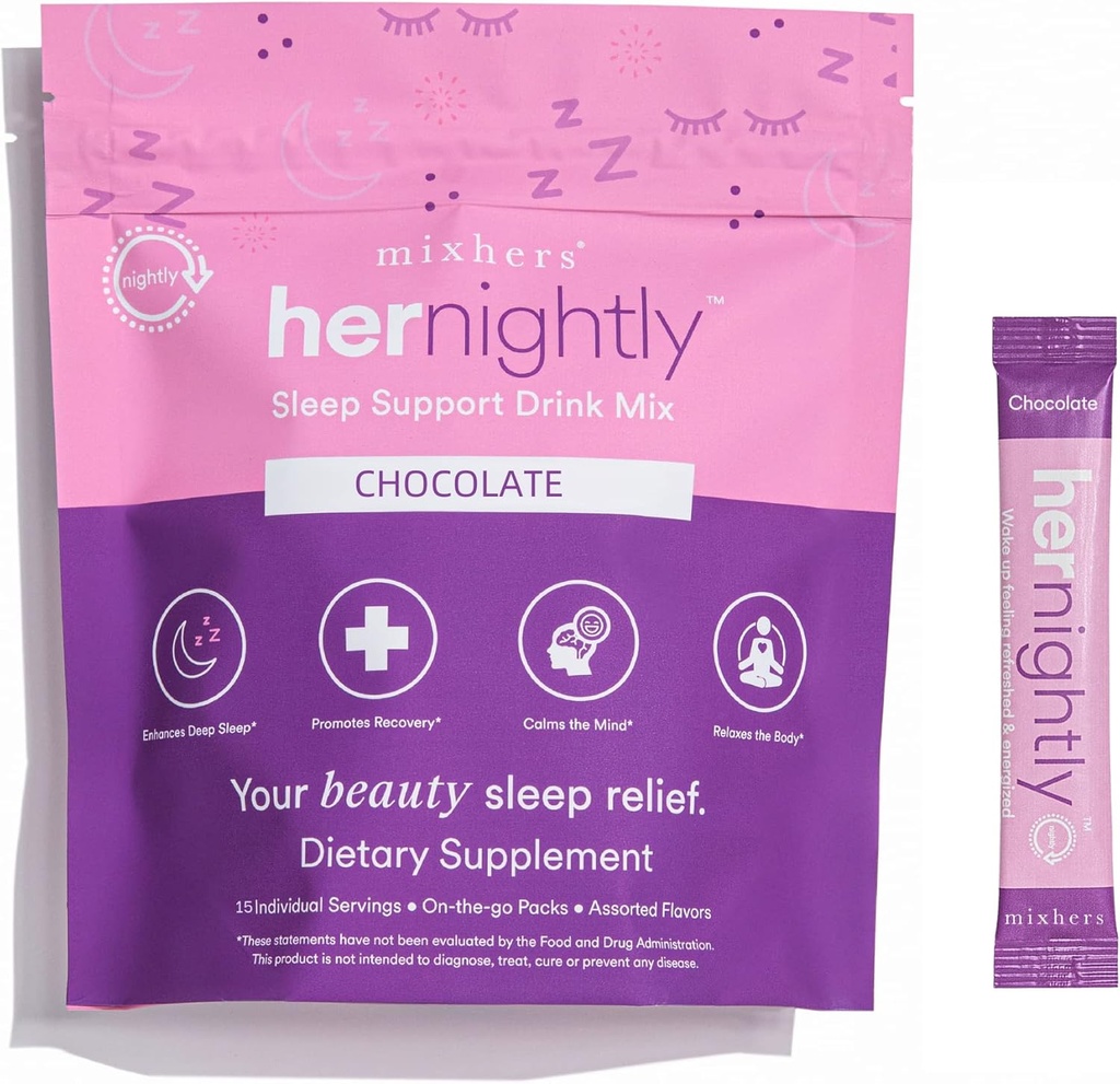 MIXHERS Sleep Support Supplement | Includes Melatonin, Ashwagandha, Chamomile, L-Glycine & L-Theanine | Relaxing Drink Mix for Restful Sleep | Chocolate Flavor | 15 Stick Packets