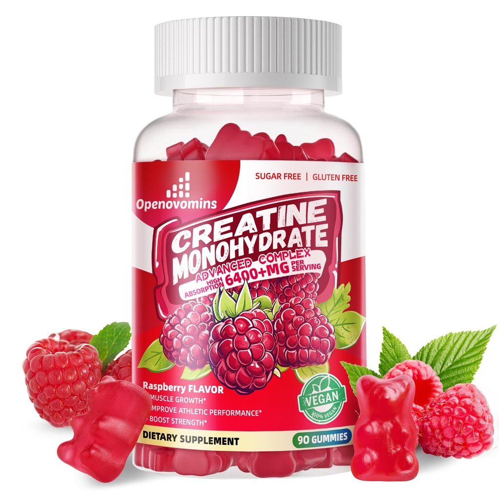 Creatine Monohydrate Gummies Complex 6400mg for Men & Women -Advanced Formula W/L-Taurine + Vitamin B12, Sugar Free Chewable Supplement,90 Raspberry Gummies