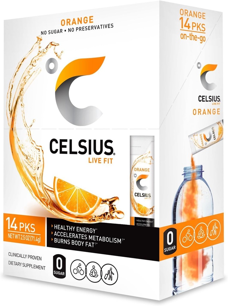CELSIUS Orange On-the-Go Powder Stick Packs, Pack of 14