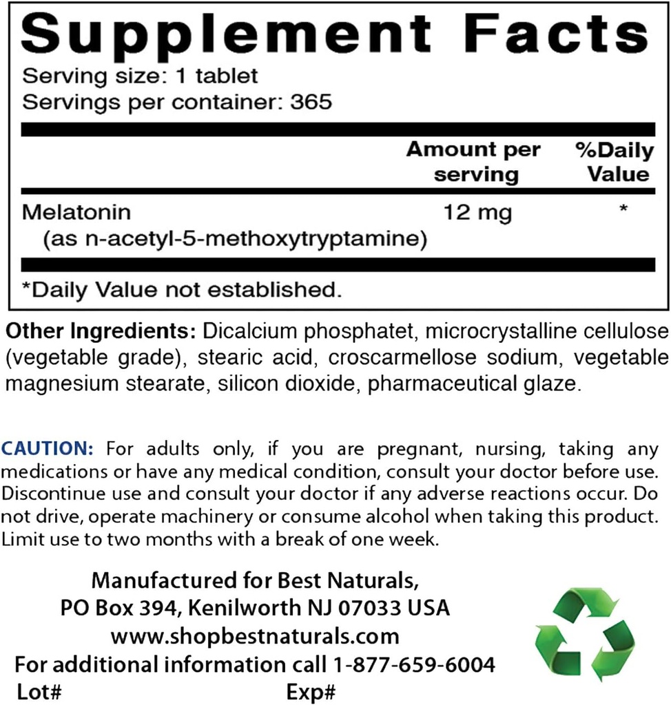 Best Naturals Melatonin 12 mg & Biotin 10,000 Mcg