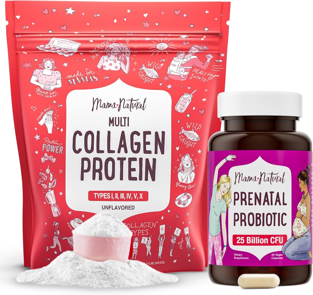 Mama Natural Prenatal Probiotic & Multi Collagen Protein Bundle - 25 Billion CFU & 11g hydrolyzed Collagen peptides for Pregnancy, Hair, Skin, Nails & Digestive Health Support