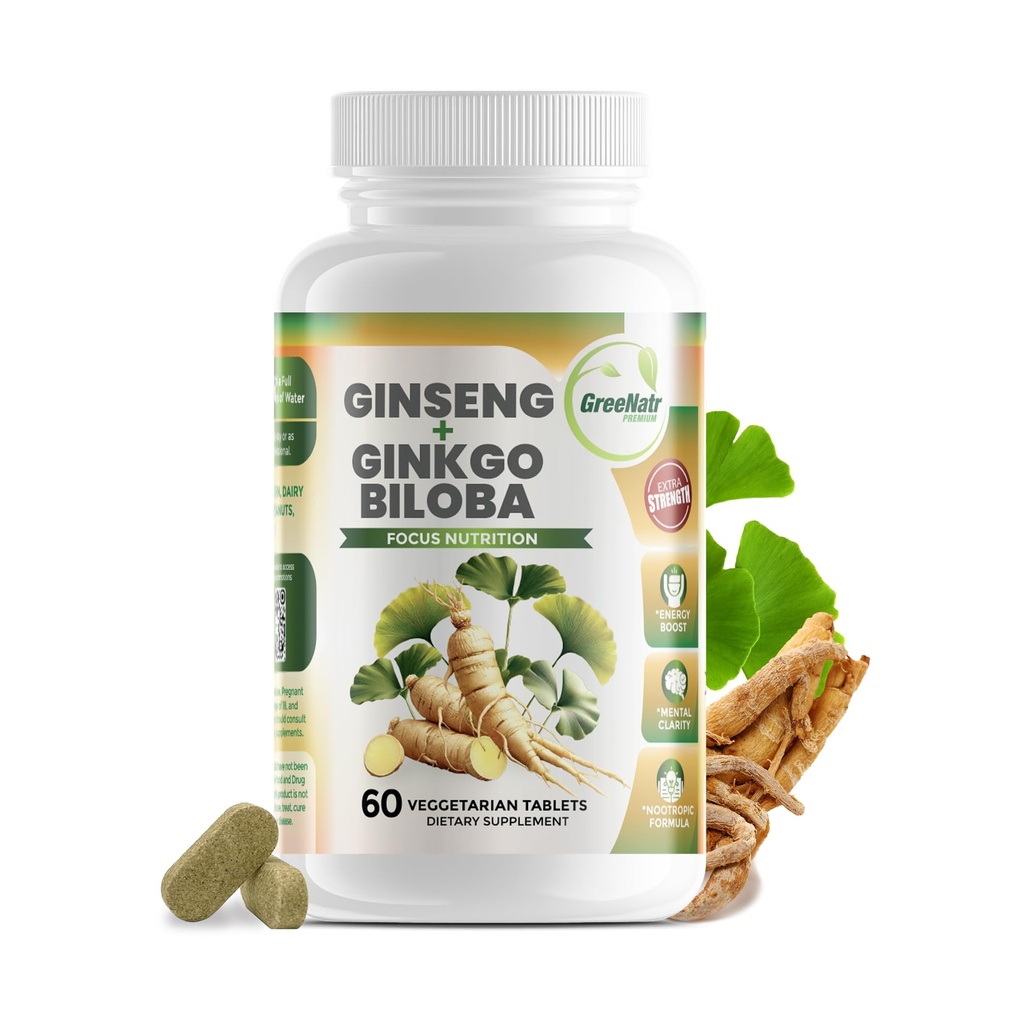 GreeNatr Ginko Biloba & Panax Ginseng Supplement - Red Ginseng Brain Supplement for Memory and Focus - Ginkgo Biloba Supplements for Good Vision, Immune System and Improved Blood Flow - 60 Tablets