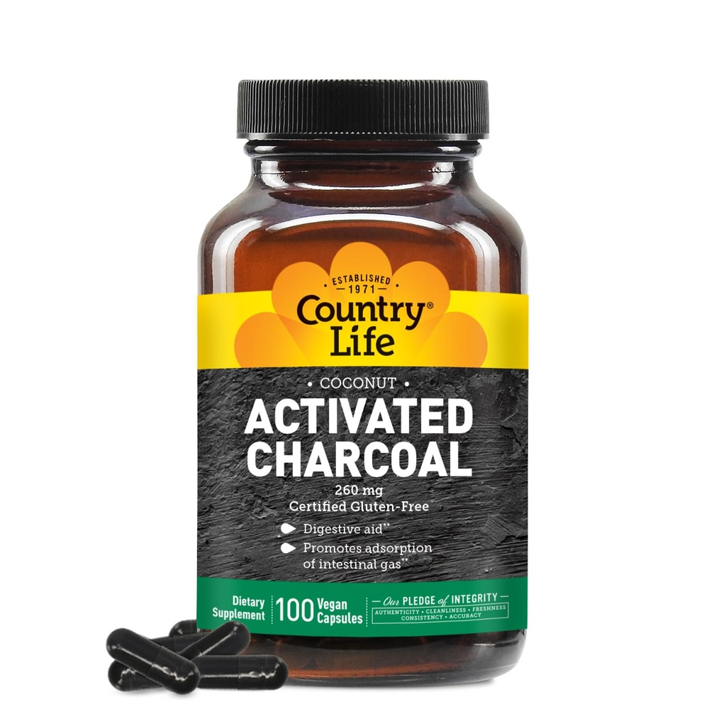 Country Life Coconut Activated Charcoal Capsules, 260mg – Natural Charcoal Supplement for Gas and Bloating Relief - Gluten-Free, 100 Vegan Capsules