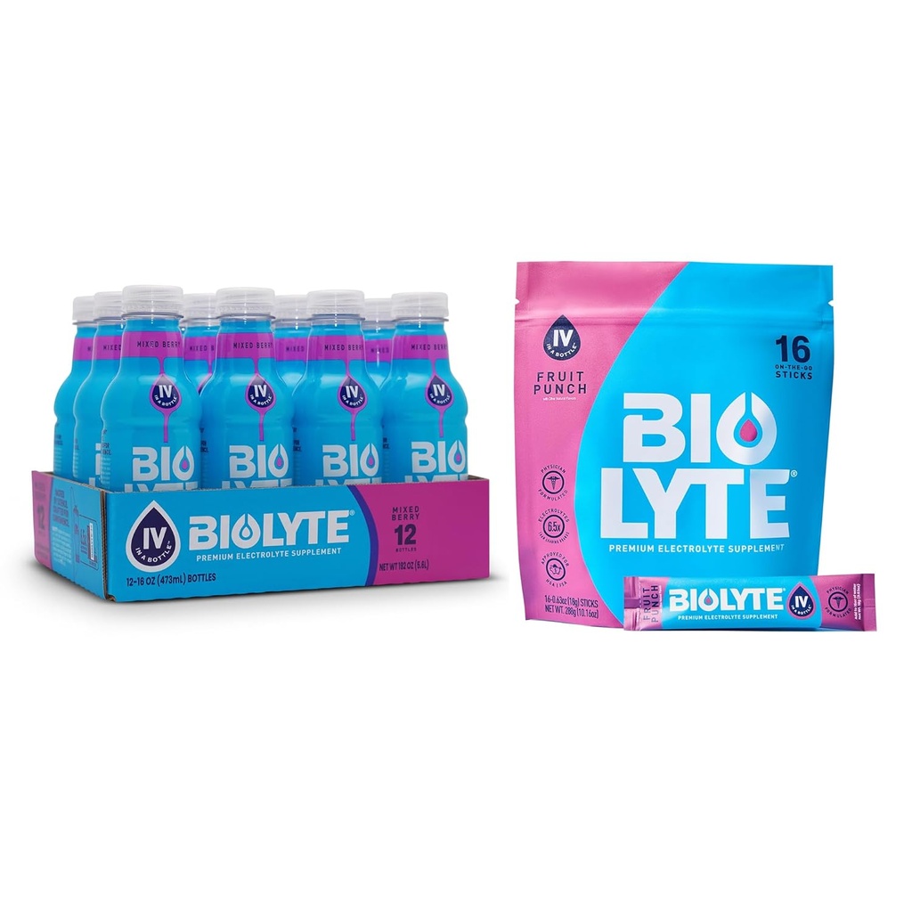 BIOLYTE Electrolyte Drink & IV Hydration Drink Mix - Doctor-Formulated FSA & HSA Electrolytes Liquid, Rehydration Powder Packets, Chemotherapy Must Haves for Women & Men - Berry, 12 Bottles, 16 Sticks