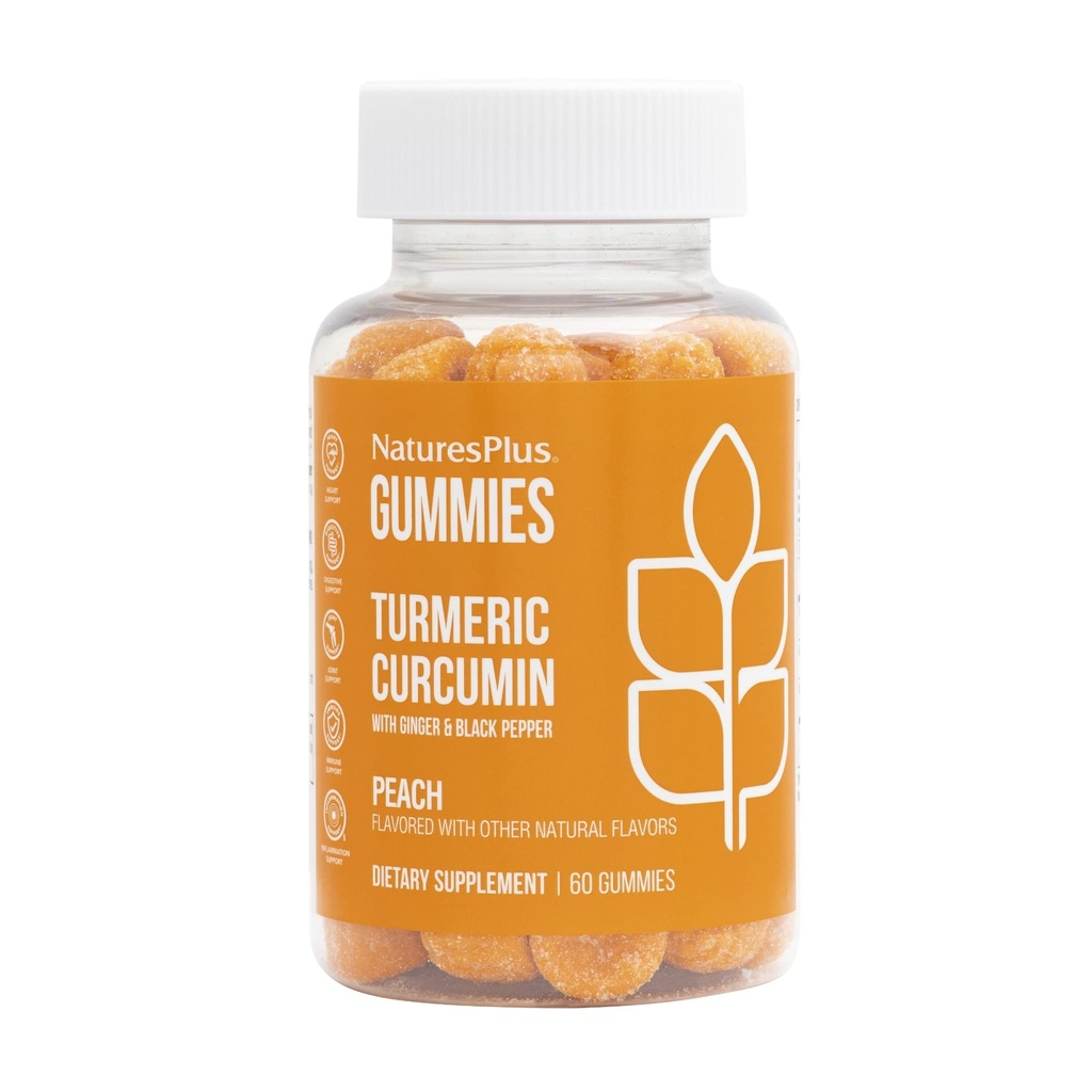 NaturesPlus Gummies Turmeric Curcumin - 60 Gummies, Peach - Supports Joint, Digestive & Cardiovascular Health - Vegan, Gluten Free, Non-GMO - 30 Servings