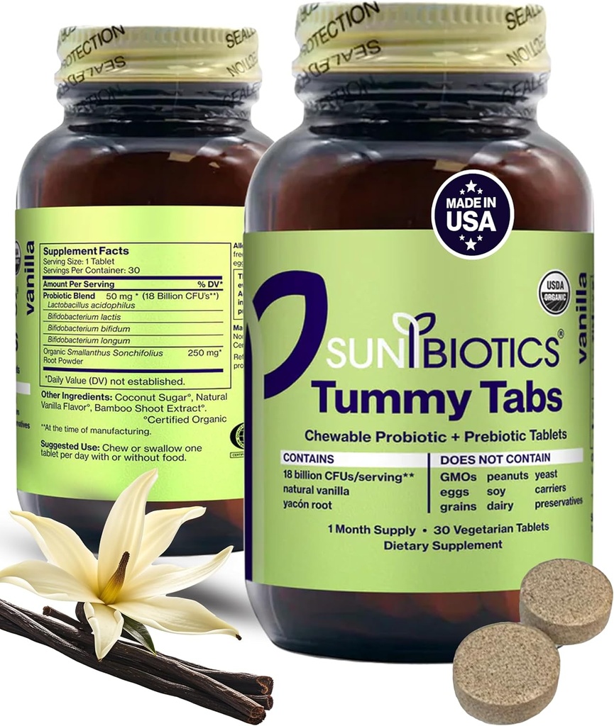 SUNBIOTICS Tummy Tabs - Chewable Probiotic and Prebiotic Tablets with 18 Billion CFUs of 4 Probiotic Strains for Good Gut Flora, Immune System, & Balanced Microbiome - Vanilla, (Pack of 1)