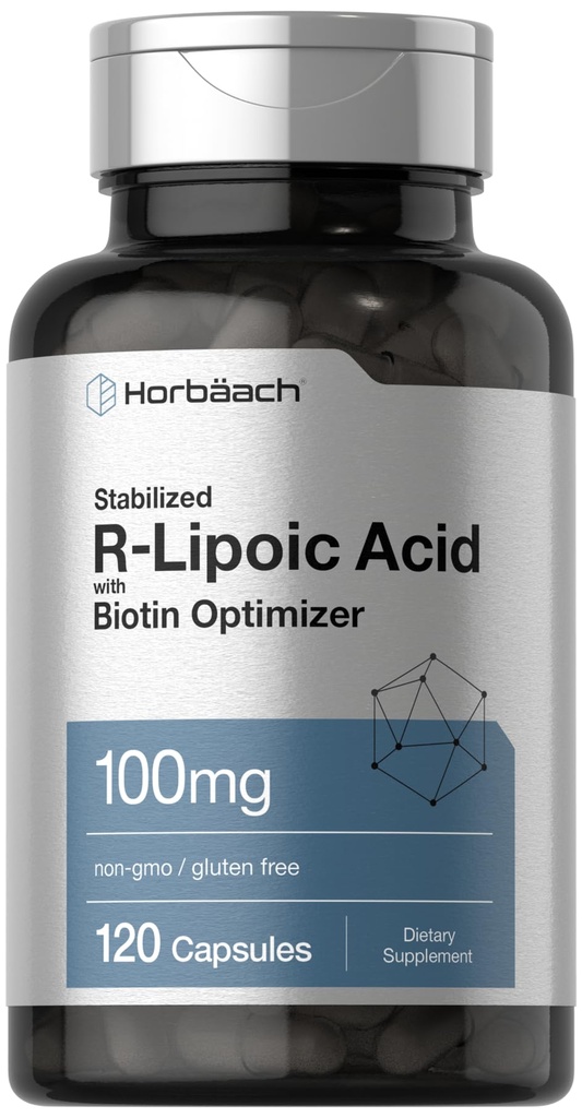 Horbaach R-Lipoic Acid 100 mg | 120 Capsules | with Biotin Optimizer | Stabilized R-Lipoic Acid Supplement | Non-GMO, Gluten Free
