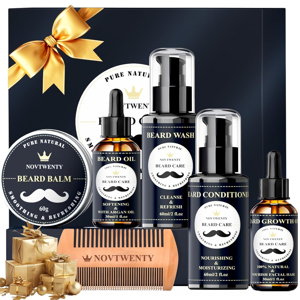 Beard Growth Kit - 7 Pc Kit, Includes Wash, Oil, Conditioner, Balm, Comb, Gift Box Set for Men