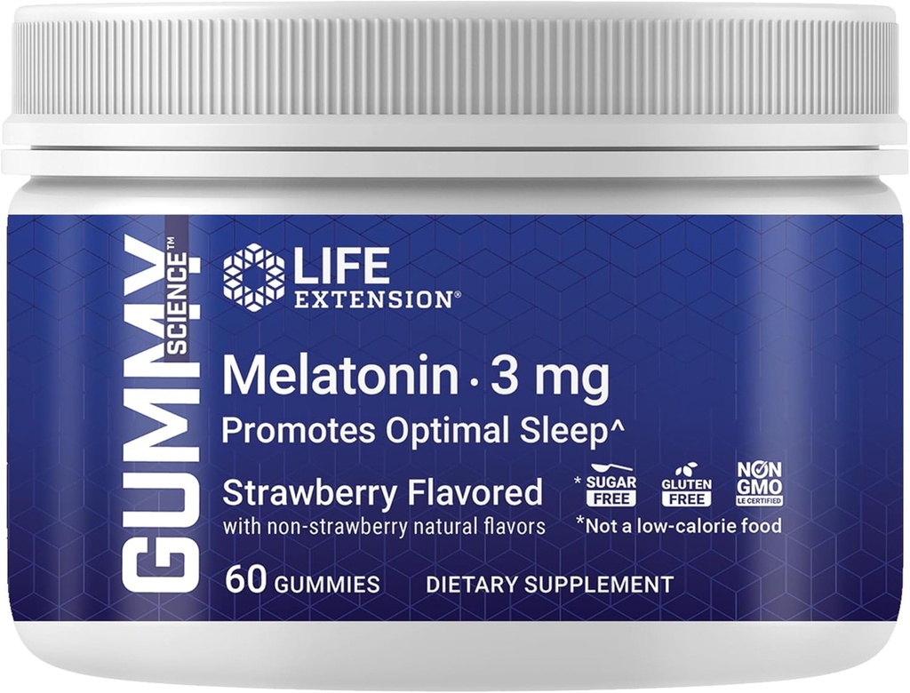 Life Extension Gummy Science™ Melatonin (Strawberry), 3 mg, Optimal Sleep Support, Healthy circadian Rhythm, Cellular Defense, Gluten-Free, Non-GMO, Vegetarian, 60 Gummies