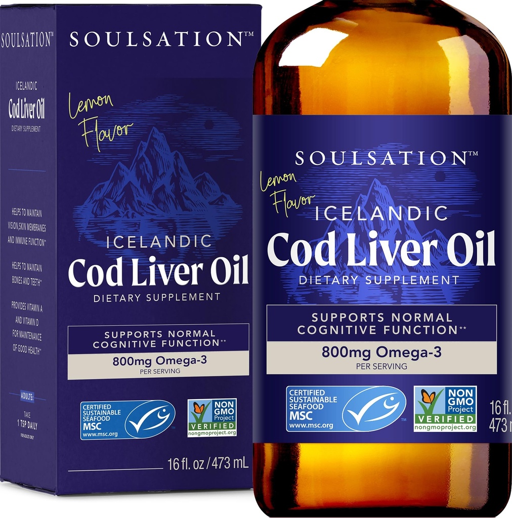 SOULSATION Icelandic Cod Liver Oil Liquid, Lemon (16oz) - Vitamins A & D, EPA & DHA - Helps Vision, Skin Membranes & Immune Function - MSC Certified, Non-GMO