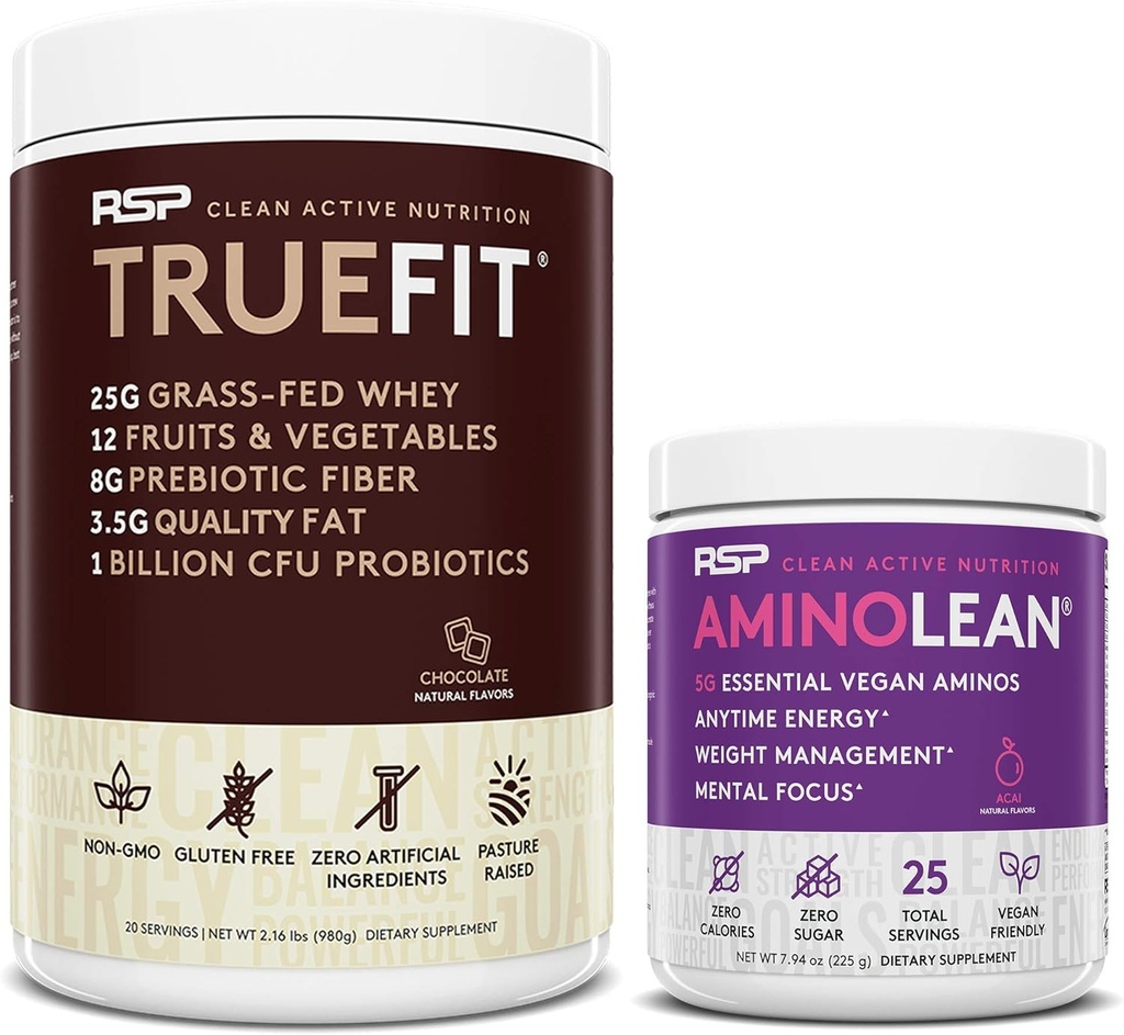 RSP NUTRITION Vegan AminoLean Pre Workout Energy (Acai 25 Servings) with TrueFit Protein Powder (Chocolate 2 LB)