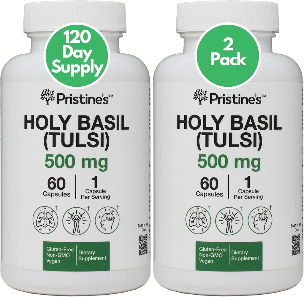 PRISTINE'S Holy Basil (Tulsi) 500 mg (2 Pack) Relaxation & Immunity Support Adaptogen Supplement - 120 Day Supply - Holy Basil Leaf Capsules - Vegan - Non-GMO - Gluten Free Supplements