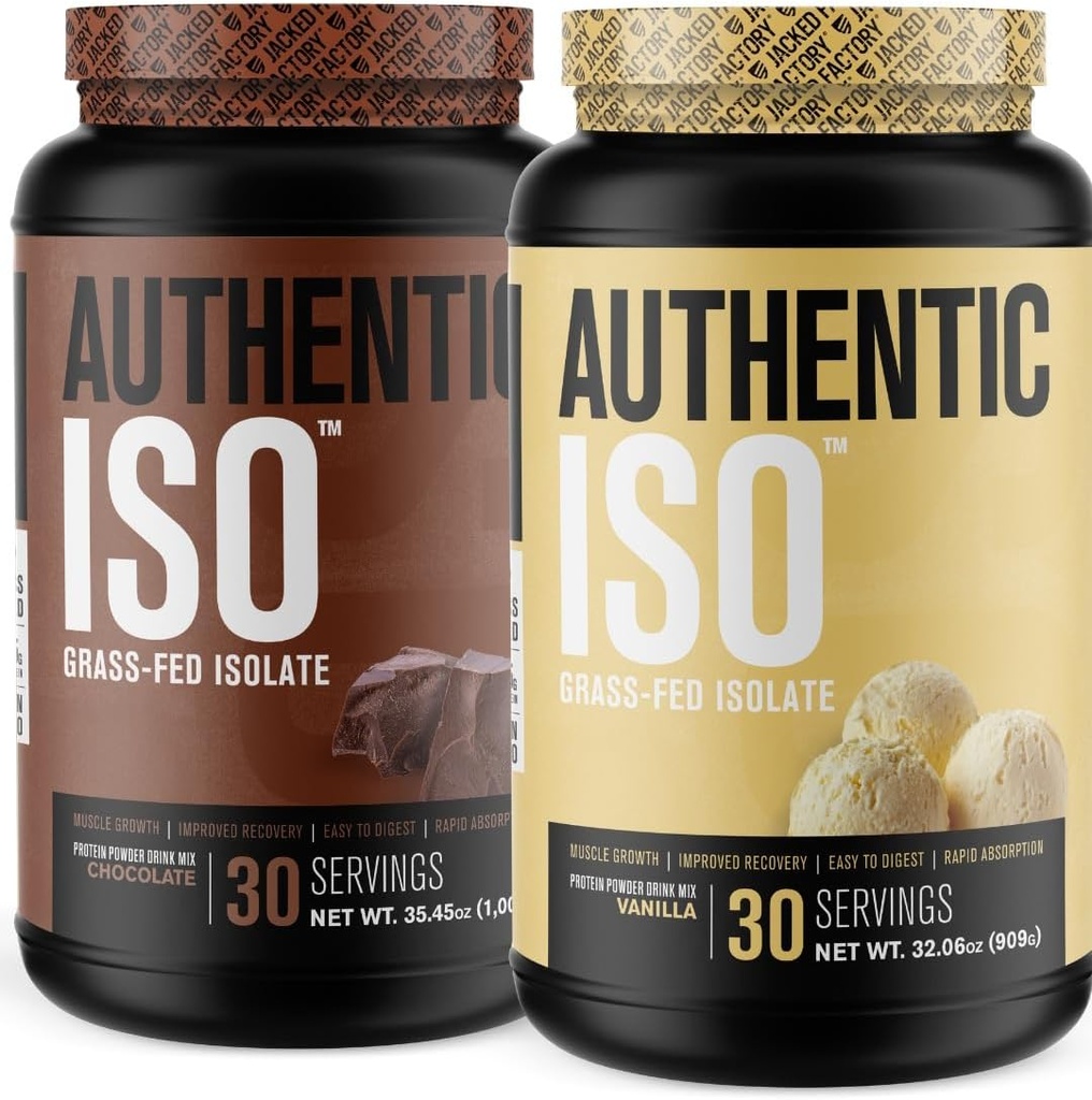 Jacked Factory Authentic ISO Grass Fed Whey Protein Isolate Powder - Low Carb, Non-GMO Muscle Building Protein w/No Fillers (Chocolate, 30sv) & (Vanilla, 30sv)