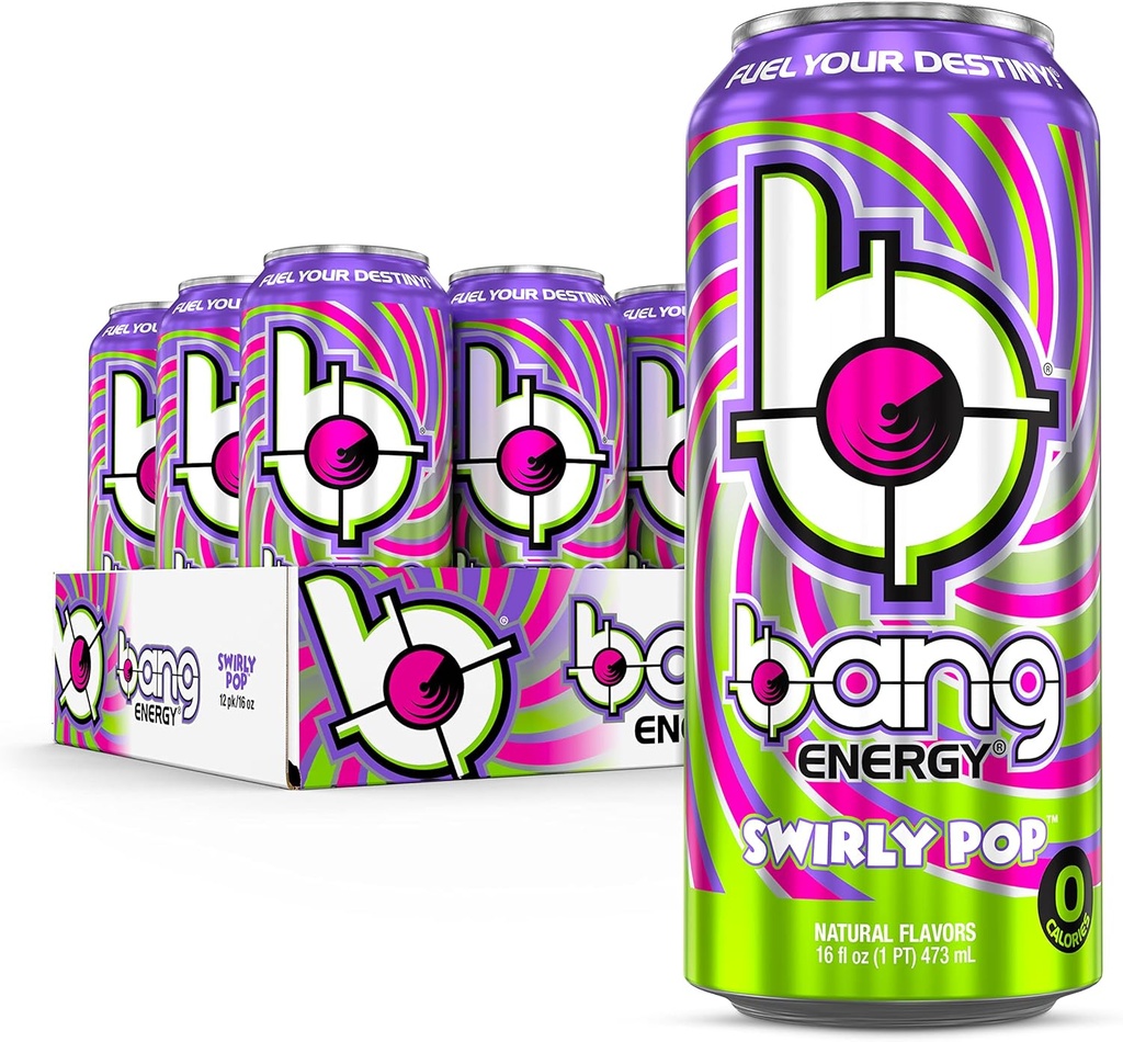 Bang Energy Swirly Pop, Sugar-Free, Energy Drink, 16 Ounce (Pack of 12)
