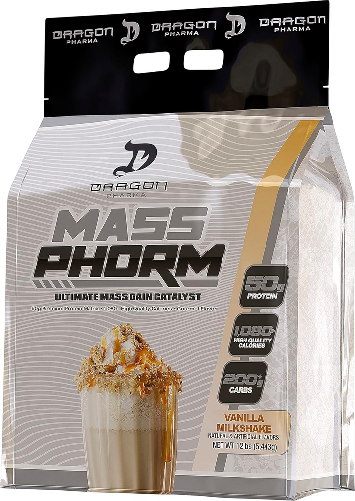 DRAGON PHARMA Mass Phorm, Ultimate Mass Gain Catalyst, 50g Protein Matrix, 200g of Complex Carbohydrates, Over 1,000 Calories Per Serving (20 Servings, Vanilla Milkshake)