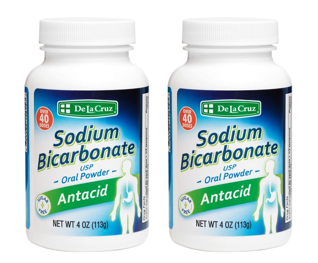 De La Cruz Pure Sodium Bicarbonate Powder – Baking Soda & Baking Powder Aluminium free Antacid for Heartburn & Indigestion – Packed in USA - 4 OZ. (2 Bottles)