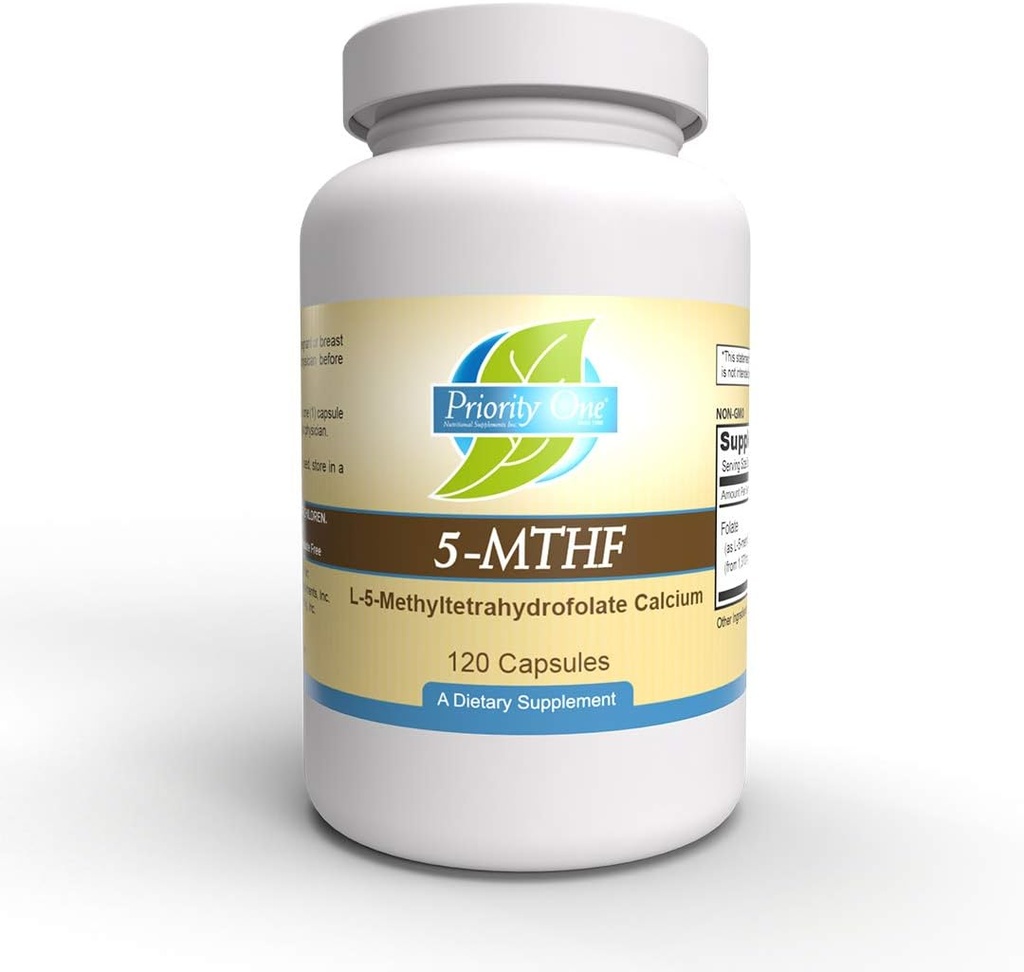 Priority One Vitamins 5-MTHF 1mg Folate Supplement Bioavailable Active Form Vitamin B9 120 Vegetarian Capsules [6]-5-Methyltetrahydrofolate Methylation
