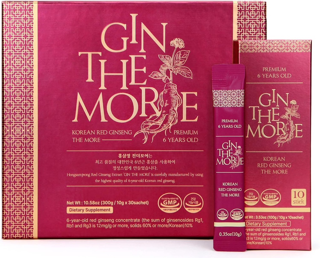 [Gin The More] Korean Red Ginseng – 30 Sachets Korean Ginseng Extract – Premium Ginseng Extract 6 Year with No Preservatives, Fillers – Pleasant Taste – Nutrient Packed Immunity Shot