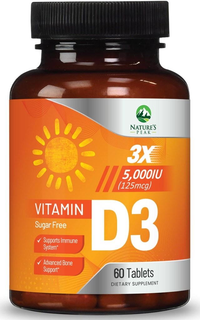 Vitamin D3 5000iu (125 mcg) Per Serving - 3X Strength Immune Health Support Vitamin D Dietary Supplement for Bone, Teeth, Muscle - Vit D, Vegan, Gluten Free, Raspberry Flavor - 60 Chewable Tablets