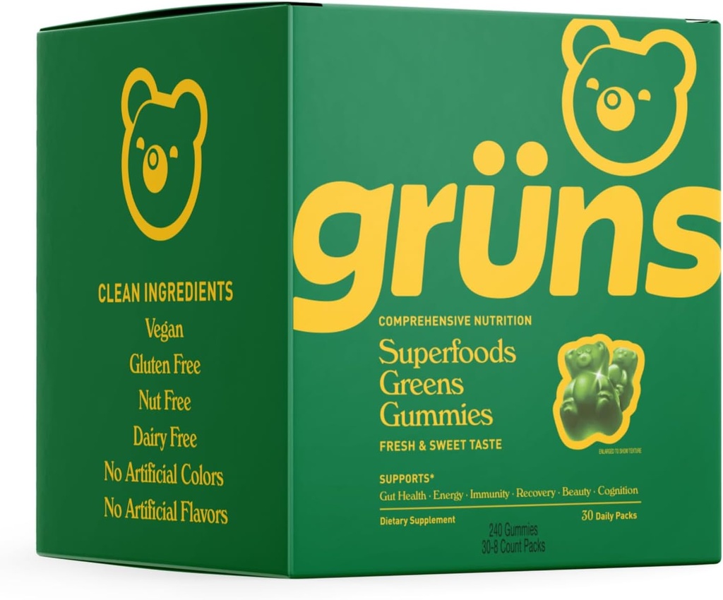 Gruns Super Greens Gummy Bears - Organic Spirulina and Chlorella, Prebiotics for Digestive Health, 20+ Vitamins and Minerals - 30 sachets - 240 Gummies