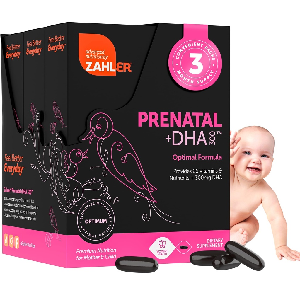 Zahler Prenatal +DHA 300 - Prenatal Vitamin with Methylated Folate & DHA for Pregnant Women - Support for Mom & Baby - Kosher, Gluten Free, Dairy Free - 180 Softgels