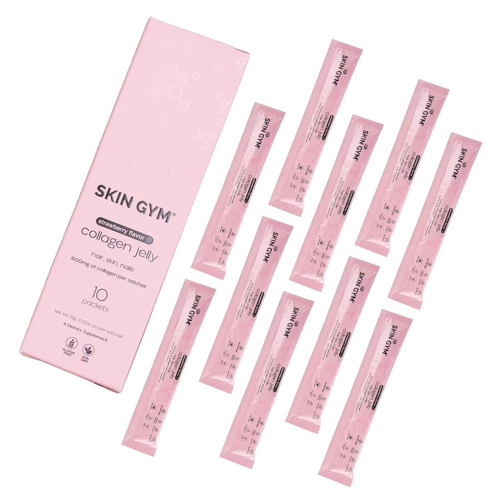 Skin Gym Collagen Jelly 10-Pack, Marine Collagen, Vitamin C & Hyaluronic Acid, Daily Beauty Supplement for Hair, Skin & Nails, Strawberry Flavor, 10 Pack