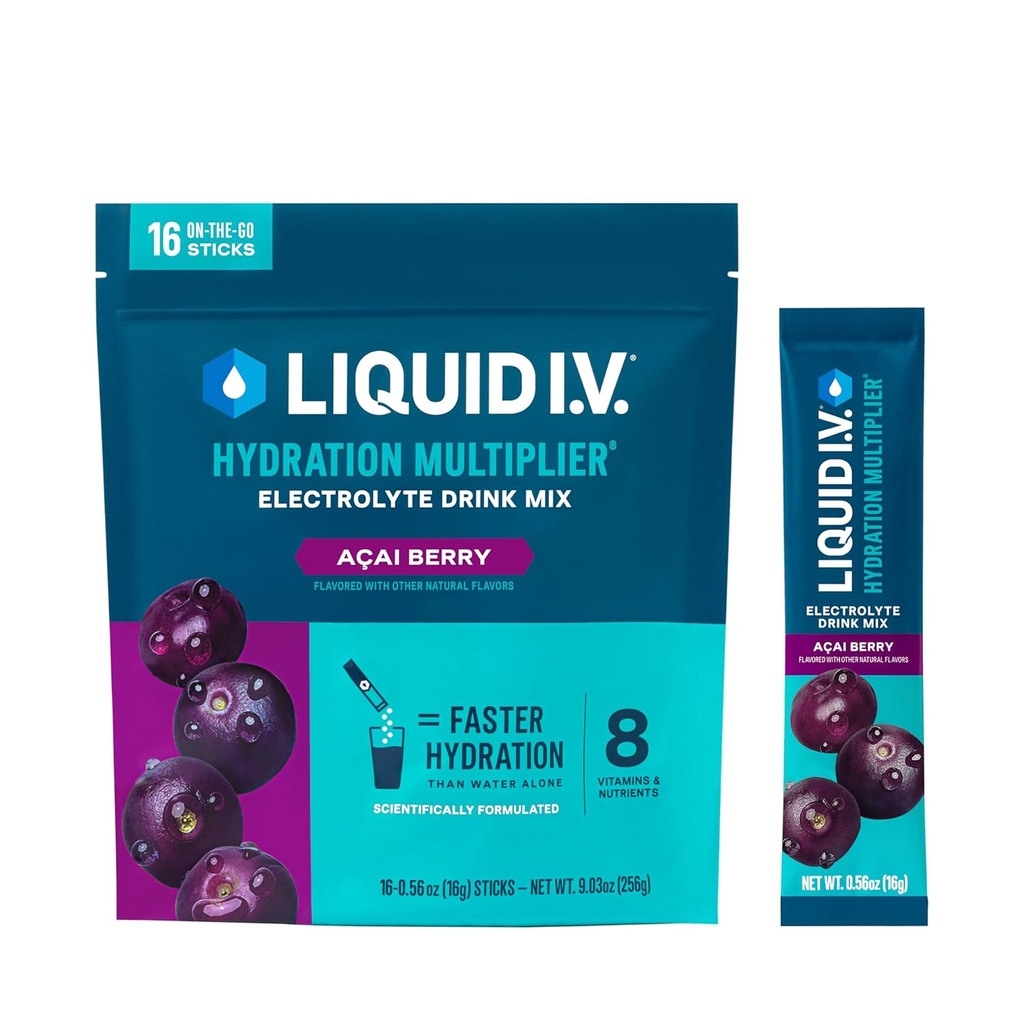 Liquid I.V.® Hydration Multiplier® - Açaí Berry - Hydration Powder Packets | Electrolyte Powder Drink Mix | Convenient Single-Serving Sticks | Non-GMO | 16 Servings (Pack of 12)
