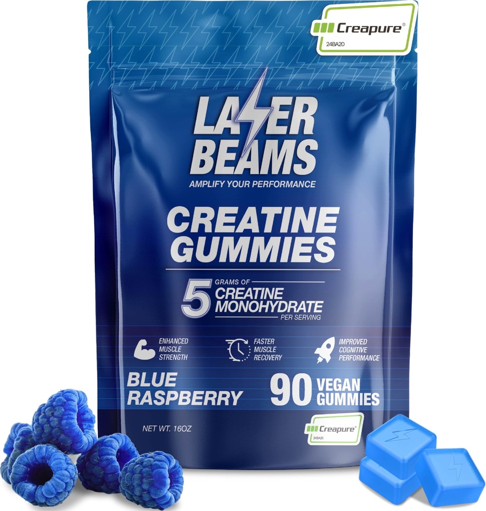 Creatine Monohydrate Gummies for Women & Men- 5g Creapure Creatine per Serving - Vegan, Blue Raspberry Flavor - Boost Muscle Strength, Endurance, Recovery & Mental Focus (90 Gummies)